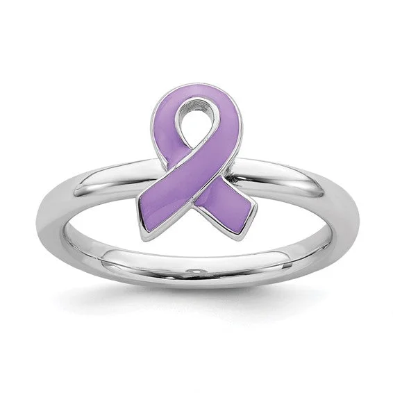 Ladies Rings for Night Shine-Sterling Silver Stackable Expressions Purple Enameled Awareness Ribbon Ring