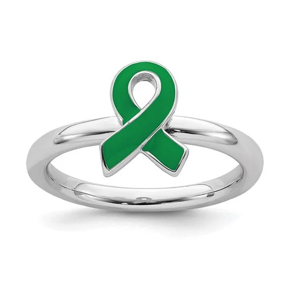 Ladies Rings Light Shine-Sterling Silver Stackable Expressions Green Enameled Awareness Ribbon Ring