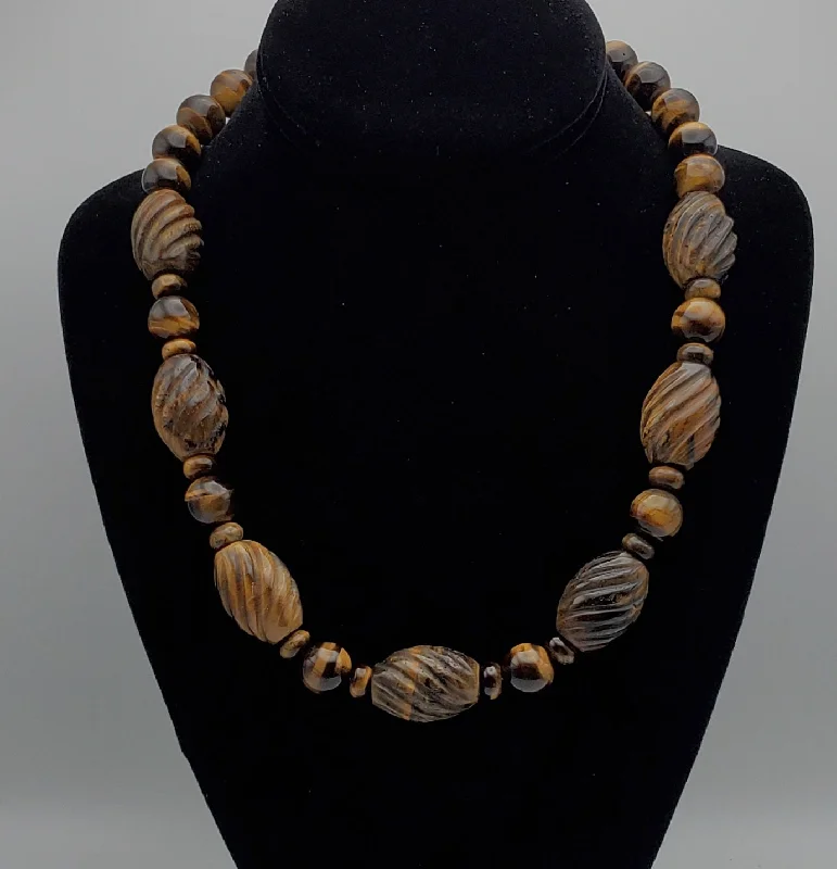 Daily spark necklaces -Vintage Handmade Carved Tiger's Eye Bead Necklace with Sterling Silver Clasp and Extension chain - 20.25 + 2.25"