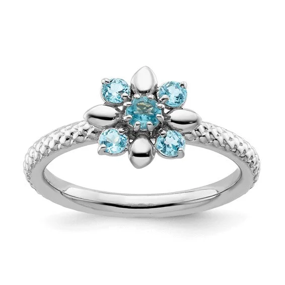 Ladies Rings with White Phenakite-Sterling Silver Stackable Expressions Blue Topaz Flower Ring