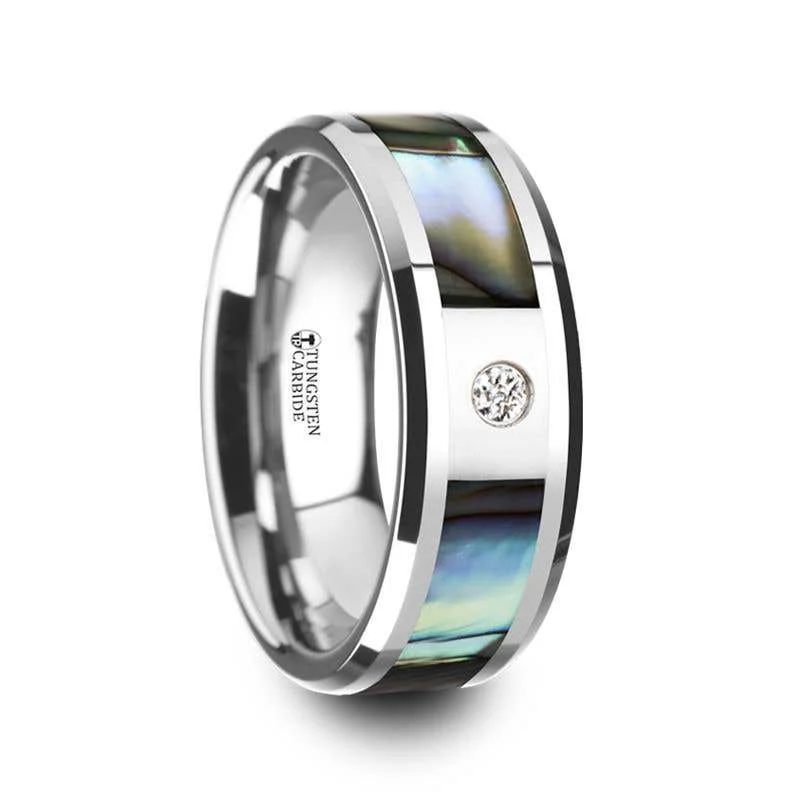 Ladies Rings with Wave Shine-Thorsten HONOLULU Mother of Pearl Inlay Tungsten Carbide Ring with Beveled Edges and White Diamond - 8mm