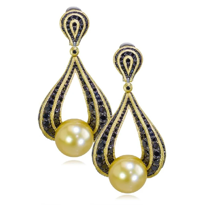 Ladies Earrings with Blue Dumortierite-Gold Twist Earrings With Golden Pearls & Diamonds