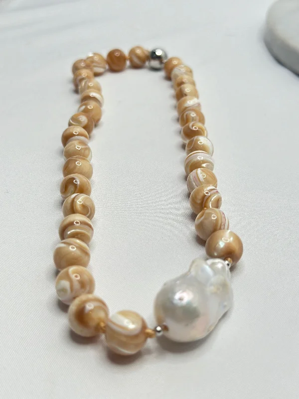 Victorian bloom necklaces -Necklace - Shell Stones & White Baroque Pearl