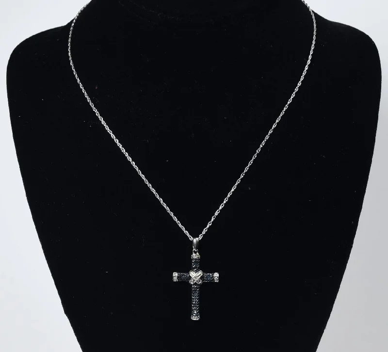 Initial glow necklaces -Blue and White Diamond Sterling Silver Cross Pendant on Sterling Silver Chain Necklace