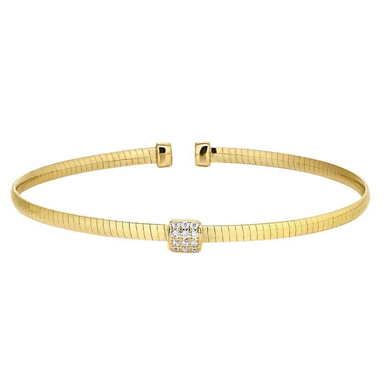 Ladies glossy finish bracelets -Gold Finish Sterling Silver Omega Cable Cuff Bracelet with Central Square with Simulated Diamonds