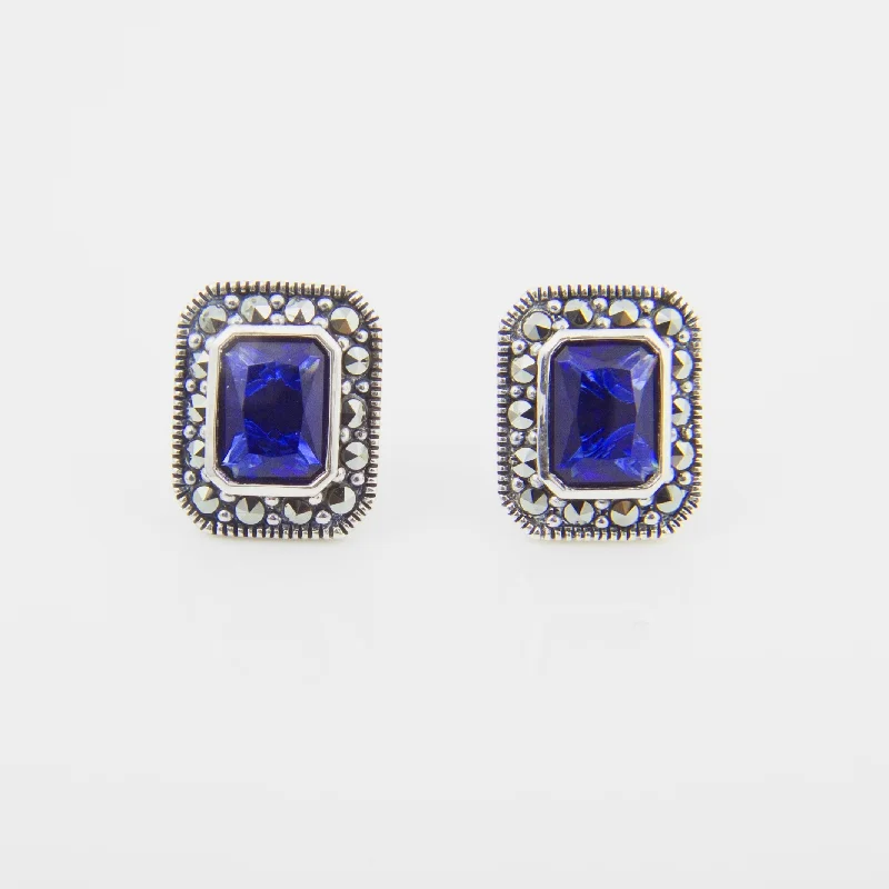 Ladies Earrings Pure Spark-Silver Marcasite Sapphire Earrings Square Blue Crystal Studs