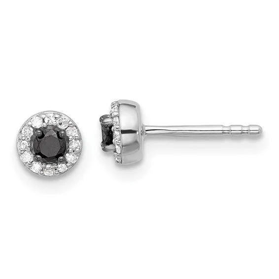 Ladies Earrings with Silver Glow-Sterling Silver 5mm Round Black & White Diamond Halo Stud Earrings