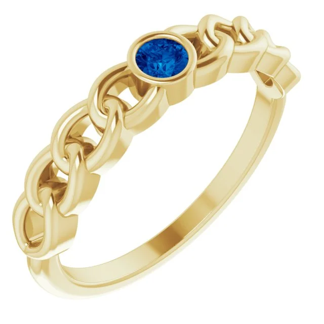 Ladies Rings with Leaf Spark-14K Yellow Gold Natural Blue Sapphire Curb Chain Ring