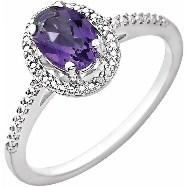 Ladies Rings with Leaf Spark-Sterling Silver Oval Gemstone & .01 CTW Diamond Halo-Style Rings