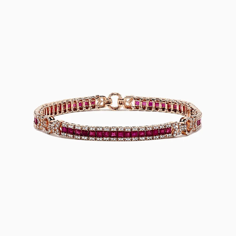 Ladies planetary orbit bracelets -Ruby Royale 14K Rose Gold Princess Cut Ruby and Diamond Tennis Bracelet, 7.66 TCW