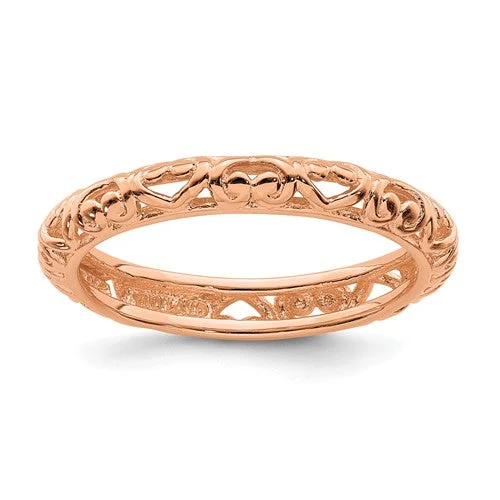 Ladies Rings for Mom Glow-Sterling Silver Stackable Expressions Rose Gold Plated Carved Hearts Ring