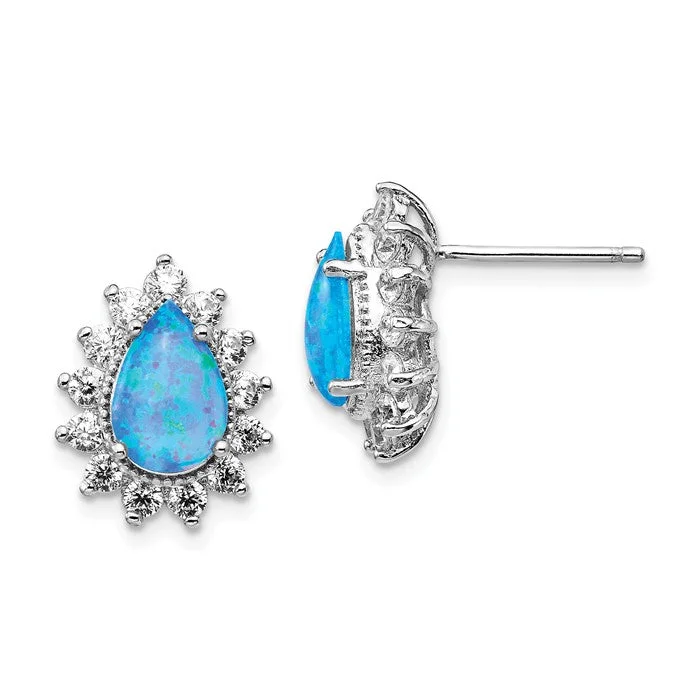 Ladies Earrings with Blue Dumortierite-Cheryl M Sterling Silver CZ Pear Blue Opal Halo Post Earrings