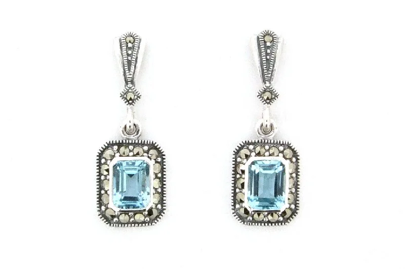 Ladies Earrings Thick Shine-Silver Marcasite Blue Topaz Earrings Square Crystal