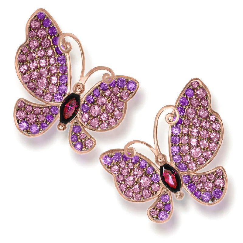 Ladies Earrings Polished Glow-Gold Butterfly Earrings with Garnets & Sapphires