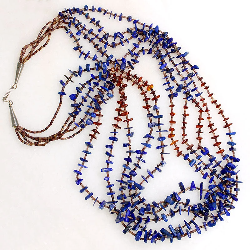 Lavish gold necklaces -Gorgeous Lapis & Amber Tab Necklace with Heishi Beads