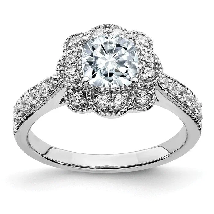 Ladies Engagement Rings with Taaffeite Glow-14k White Gold 1.52CT Cushion Floral Halo Moissanite Engagement Ring