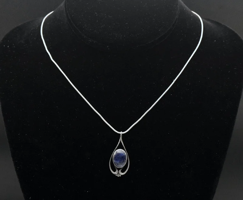 Lively glow necklaces -Vintage Sodalite Sterling Silver Pendant on Sterling Silver Italian Snake Link Chain Necklace - 16"