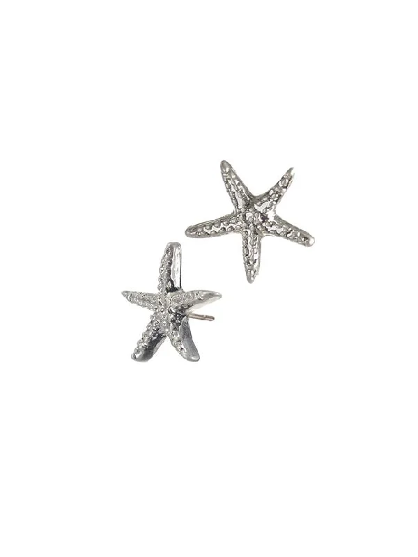 Ladies Earrings with Black Onyx-Hot Tomato Starfish Stud Earrings in Worn Silver