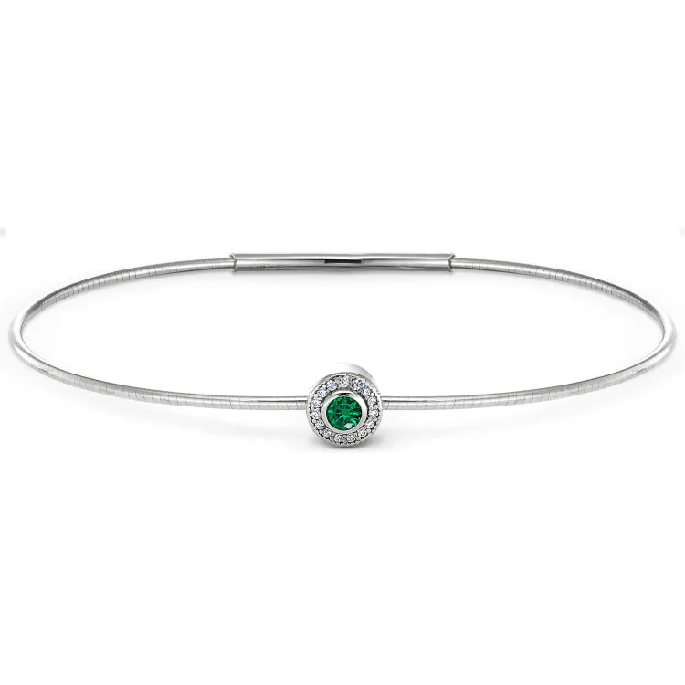 Ladies sunbeam glow bracelets -Platinum Finish Sterling Silver Round Simulated Emerald Birth Gem Bracelet with Simulated Diamonds