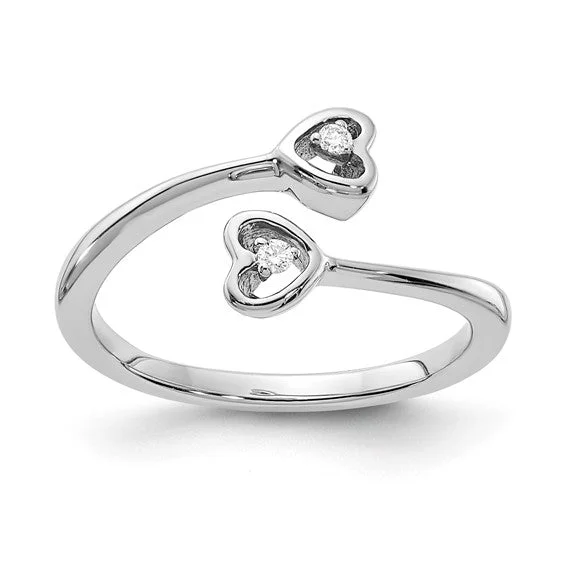 Ladies Rings for Party Shine-Sterling Silver Diamond Double Heart ByPass Ring