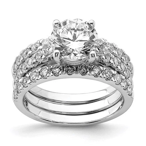 Ladies Engagement Rings Elegant Glow-Sterling Silver 3-Piece CZ 8mm Round Wedding Ring Set