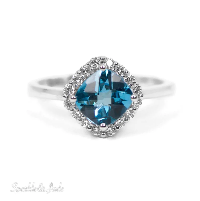 Ladies Rings with Pink Petalite-14k White Gold 7mm Cushion Swiss Blue Topaz and Diamond Halo Ring