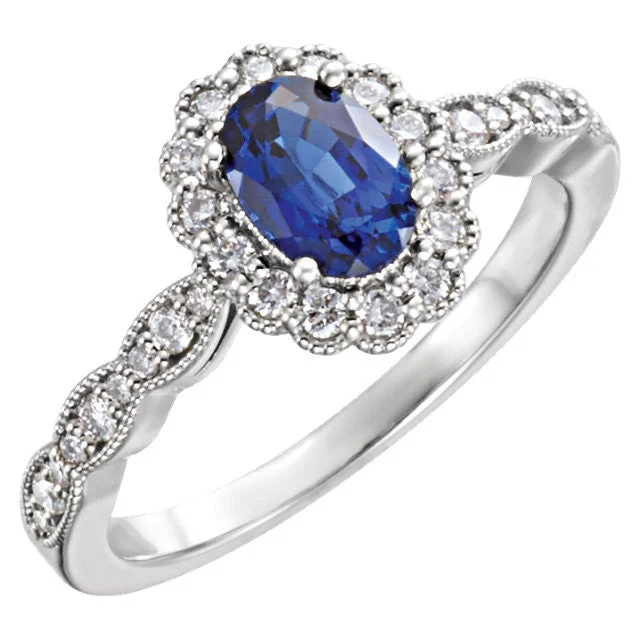 Ladies Rings with Sky Topaz-14k White Gold Oval Created Blue Sapphire & Diamond Halo Ring