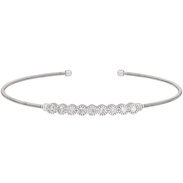 Ladies cosmic vision bracelets -Rhodium Finish Sterling Silver Cable Cuff Bracelet with Beaded Bezel Set Simulated Diamonds