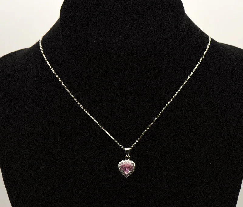 Royal purple necklaces -Amanda Rose Collection - Sterling Silver Pink Heart Glass Pendant Chain Necklace - 18"