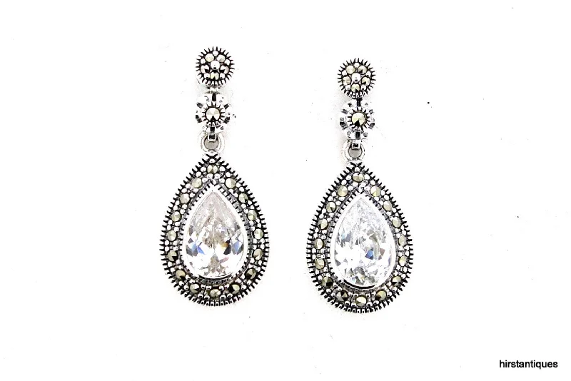 Ladies Earrings with Mint Serpentine-Silver Marcasite Clear Cubic zirconia Bridal Earrings Vintage Wedding Large Tear Drop