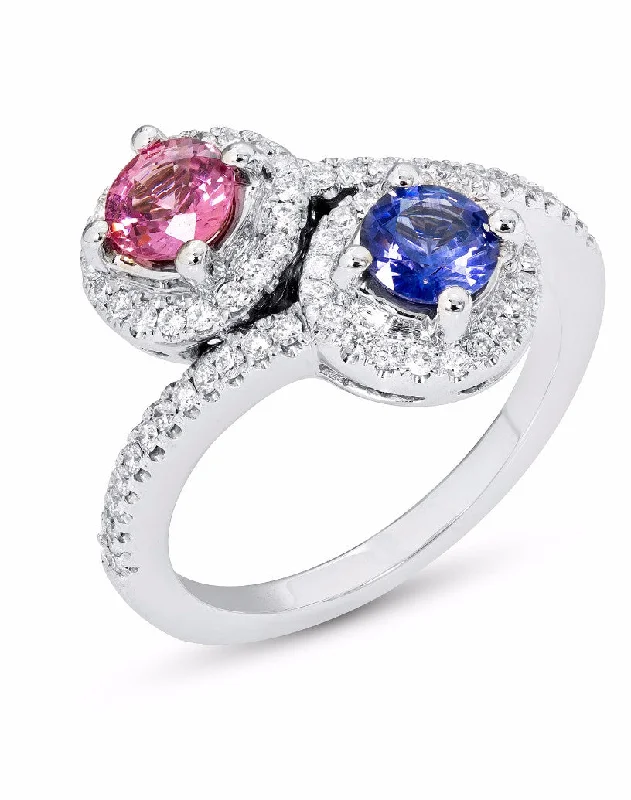 Ladies Rings with Pink Rhodonite-14k White Gold 2-Stone Pink and Blue Sapphire Diamond Halo Ring