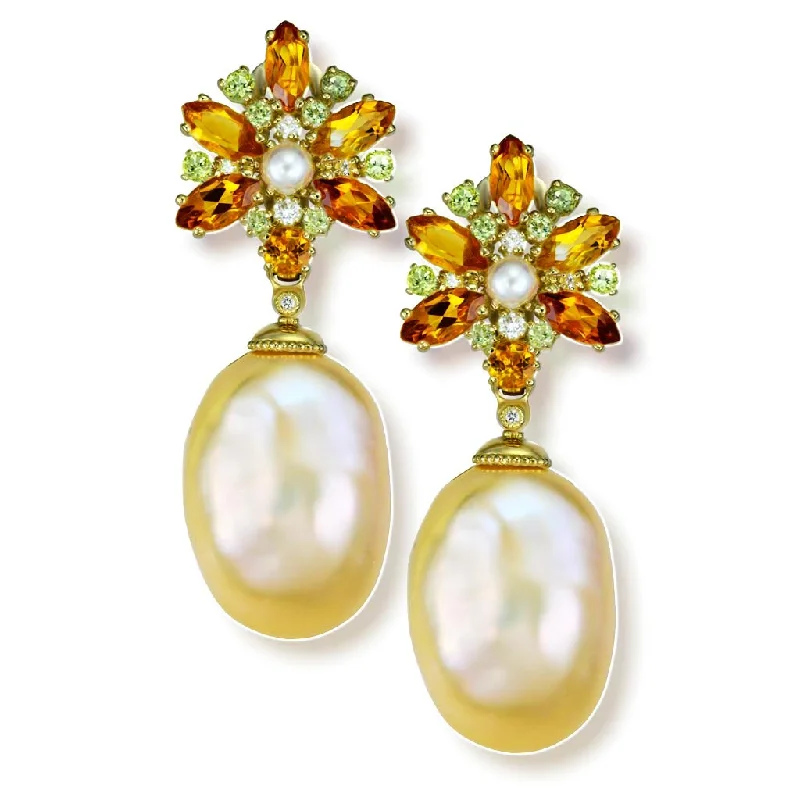 Ladies Earrings Ethnic Glow-Gold Blossom Drop Earrings with Pearls