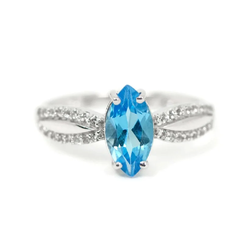 Ladies Rings Trendy Shine-Sterling Silver Genuine Swiss Blue Topaz Marquise & White Topaz Ring