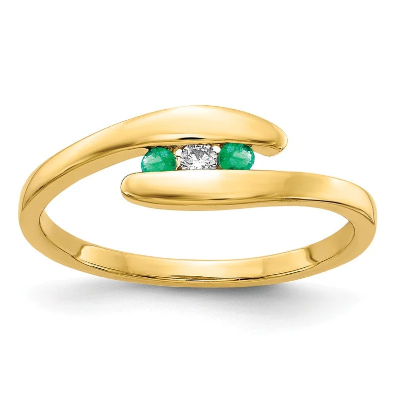 Ladies Rings with Aqua Variscite-14k Yellow Gold Genuine Emerald And Diamond 3-Stone ByPass Ring