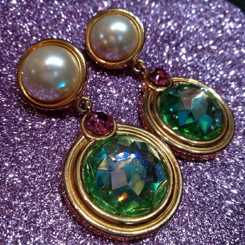 Ladies Earrings Gift Shine-Givenchy Earrings Vintage Auroraborealis Pearl Drop Pierced