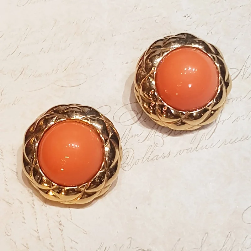 Ladies Earrings with Milky Moonstone-Nina Ricci Clip On Earrings Round Gold Coral Vintage