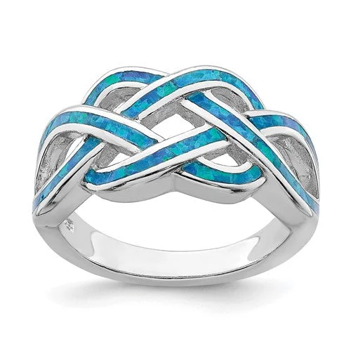 Ladies Rings with Pale Prehnite-Sterling Silver Blue Inlay Created Opal Celtic Knot Ring