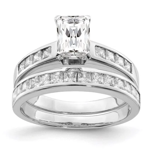 Ladies Engagement Rings with Agate Shine-Sterling Silver 2-Piece CZ Radiant with Square Channel Set Wedding Ring Set