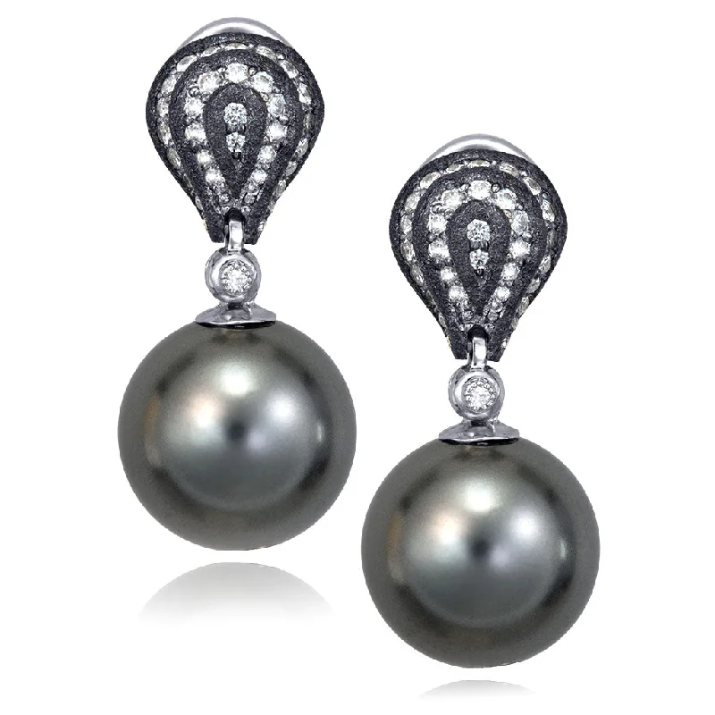 Ladies Earrings for Holiday Glow-Gold Twist Petite Earrings With Tahitian Pearls & Diamonds