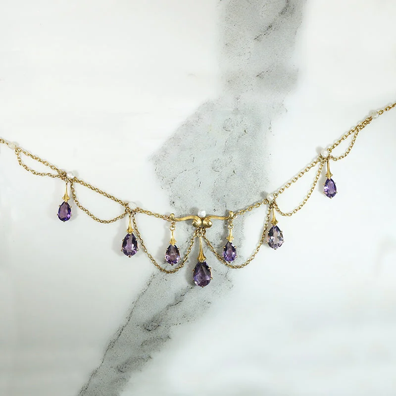 Family glow necklaces -Dreamy Amethyst & Pearl Festoon Necklace