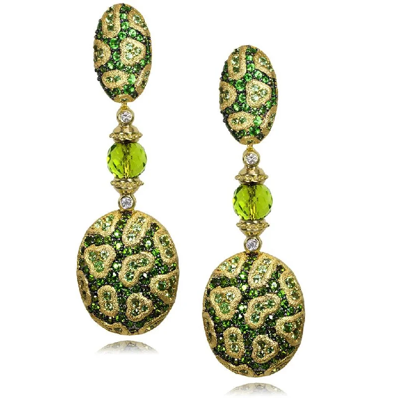 Ladies Earrings with Feather Spark-Gold Fine Lace Drop Earrings, Chrome Diopside, Peridot