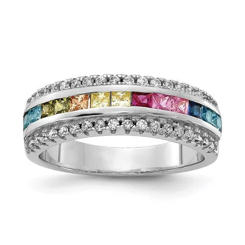 Ladies Rings with Pink Vivianite-Sterling Silver Multi Color Rainbow Princess Square Channel Set CZ Ring