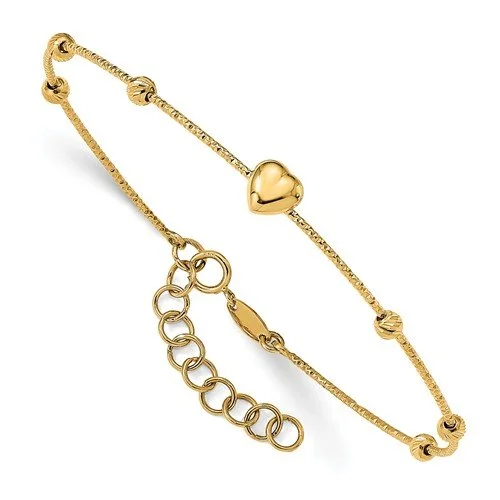 Ladies adventure spirit bracelets -14KT Yellow Gold Diamond Cut Beads With Heart Flexible Bracelet