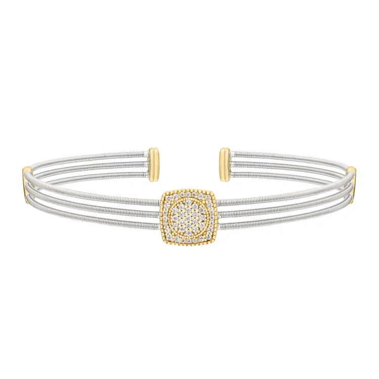 Ladies glossy pearl bracelets -Rhodium Finish Sterling Silver Three Cable Cuff Bracelet with Gold Finish Simulated Diamond Circle in Square