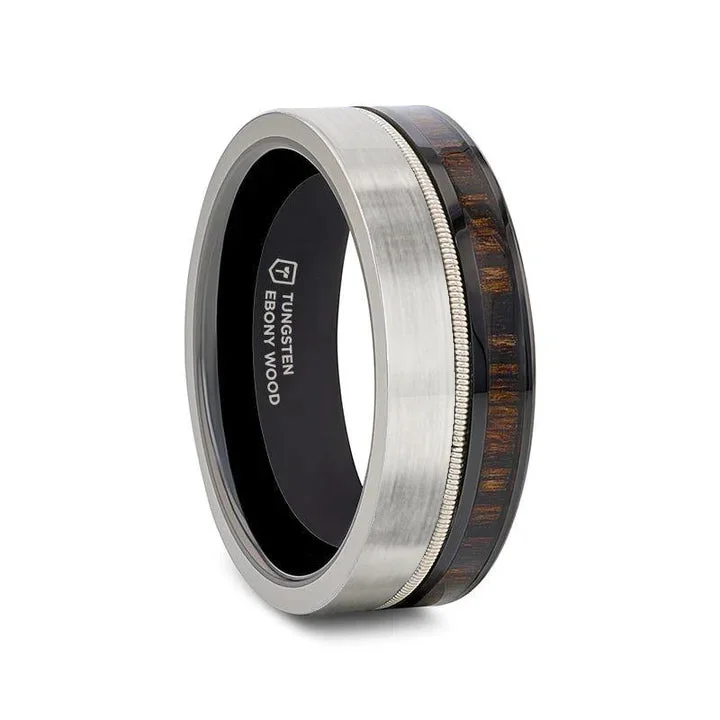 Ladies Rings with Initial Glow-Thorsten SLATE Tungsten & Black Ceramic Hybrid Ring with Steel Guitar String Ebony Wood and a Black Ceramic Interior - 8mm