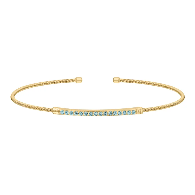 Ladies chakra alignment bracelets -Gold Finish Sterling Silver Cable Cuff Bracelet with Simulated Aquamarine Birth Gems - March