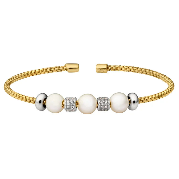 Ladies fauna inspired bracelets -Gold Finish Sterling Silver Rounded Box Link Cuff Bracelet with Simulated Pearls and Simulated Diamond Barrels