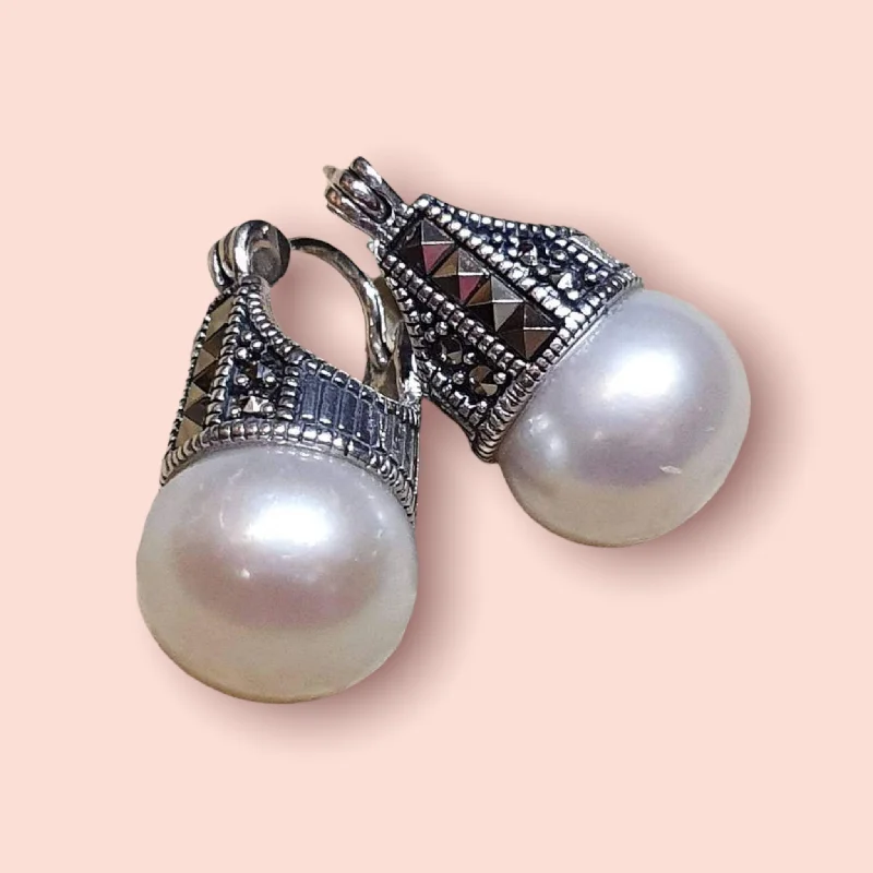 Ladies Earrings Crafted Glow-Freshwater Pearl Marcasite Sterling Silver Earrings Pierced