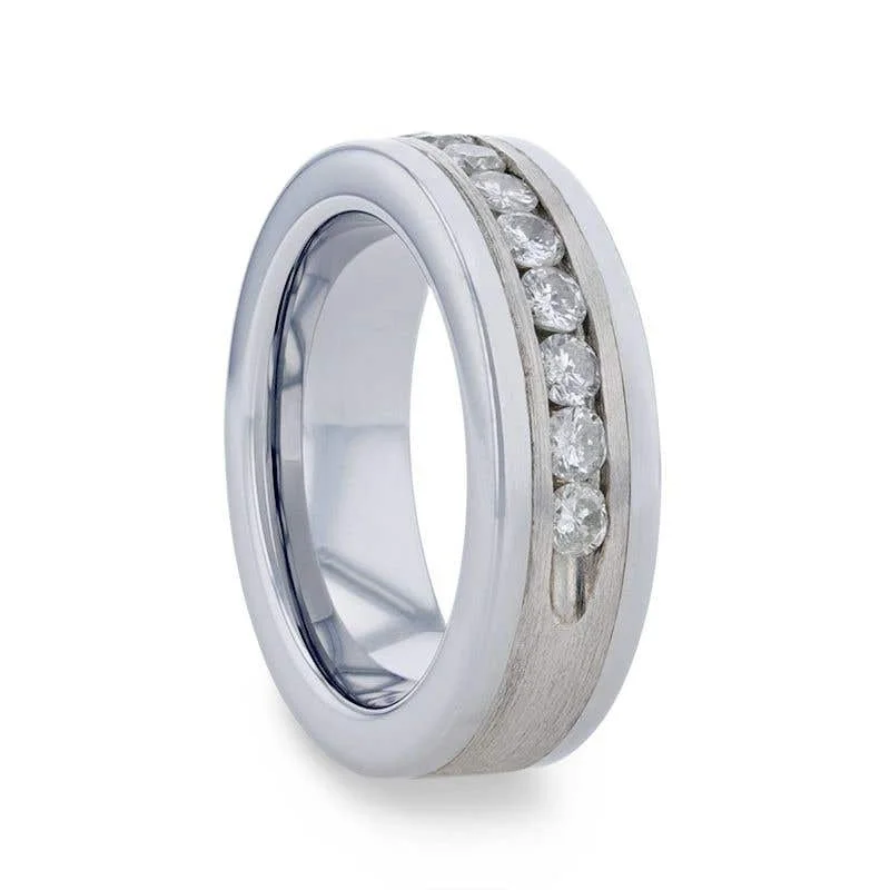 Ladies Rings with Blue Dumortierite-Thorsten HOLDEN Flat Tungsten Carbide ring with Satin Finished Silver Inlay and 0.9 ctw Channel Set Diamonds by Thorsten - 8mm