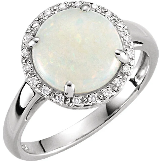 Ladies Rings with Bloom Shine-14k White Gold Genuine 10mm Australian Opal & .07 CTW Diamond Halo Ring